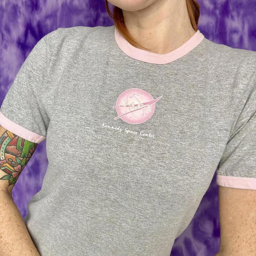 NASA vtg kennedy space center pink amd grey ringer baby tee